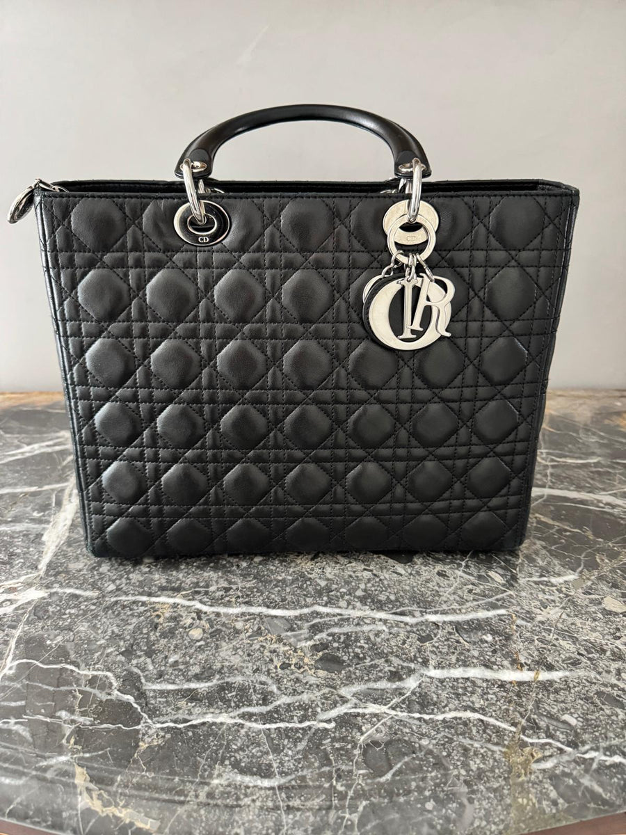 Christian Dior Lady Dior Medium Cannage Black Calfskin Tote Bag – Silver Hardware