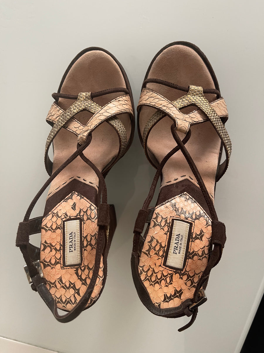 Vintage Prada Python-Print Platform Heels in Chocolate Suede