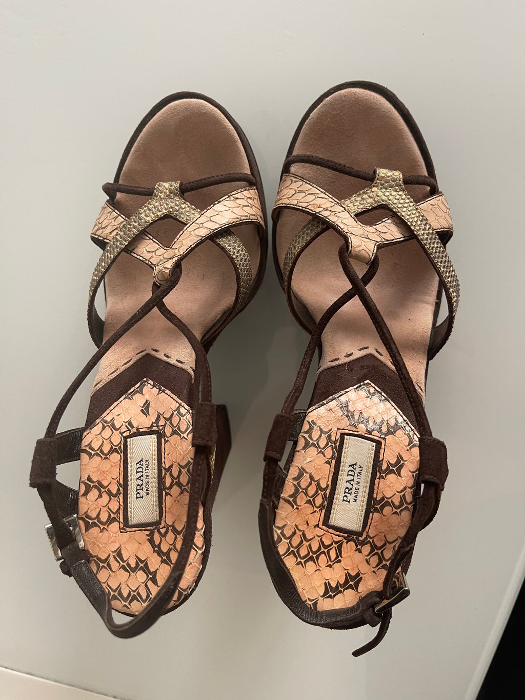 Vintage Prada Python-Print Platform Heels in Chocolate Suede