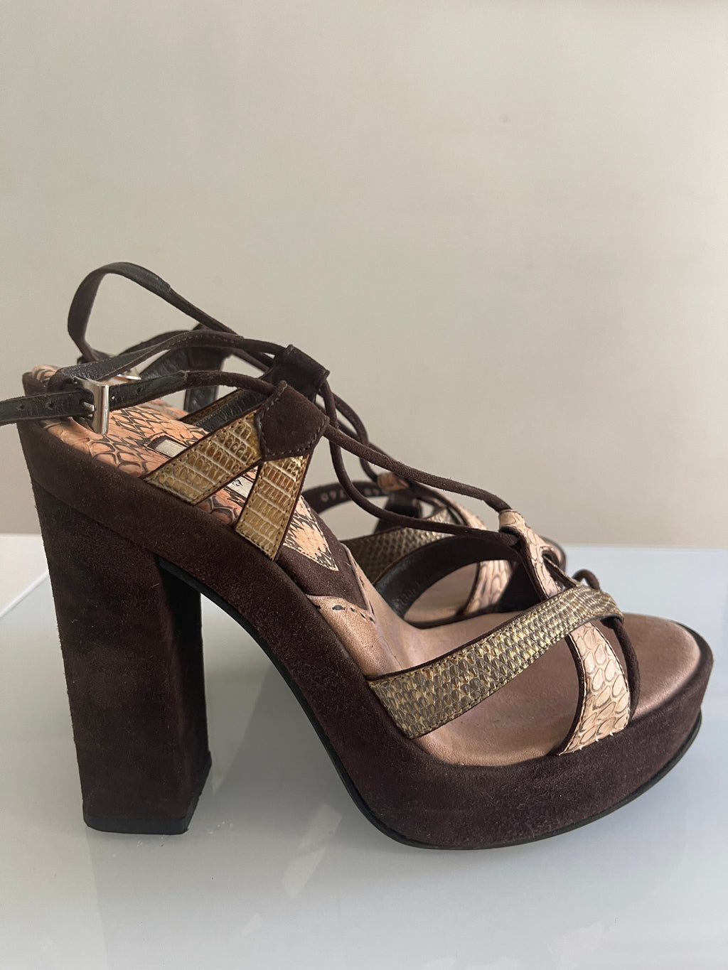 Vintage Prada Python-Print Platform Heels in Chocolate Suede