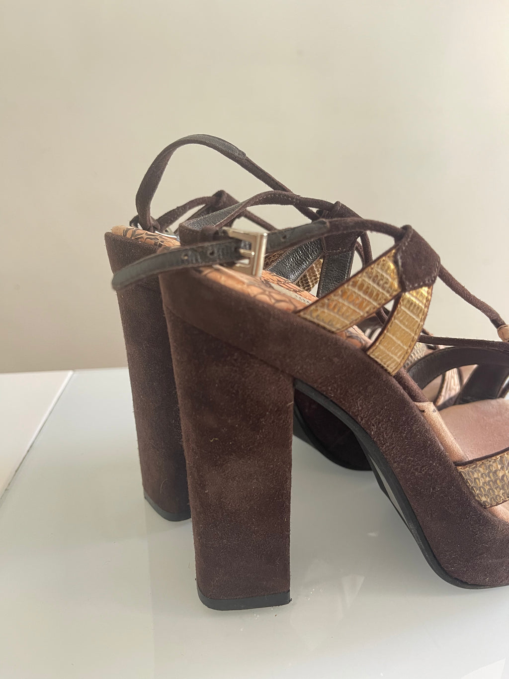 Vintage Prada Python-Print Platform Heels in Chocolate Suede