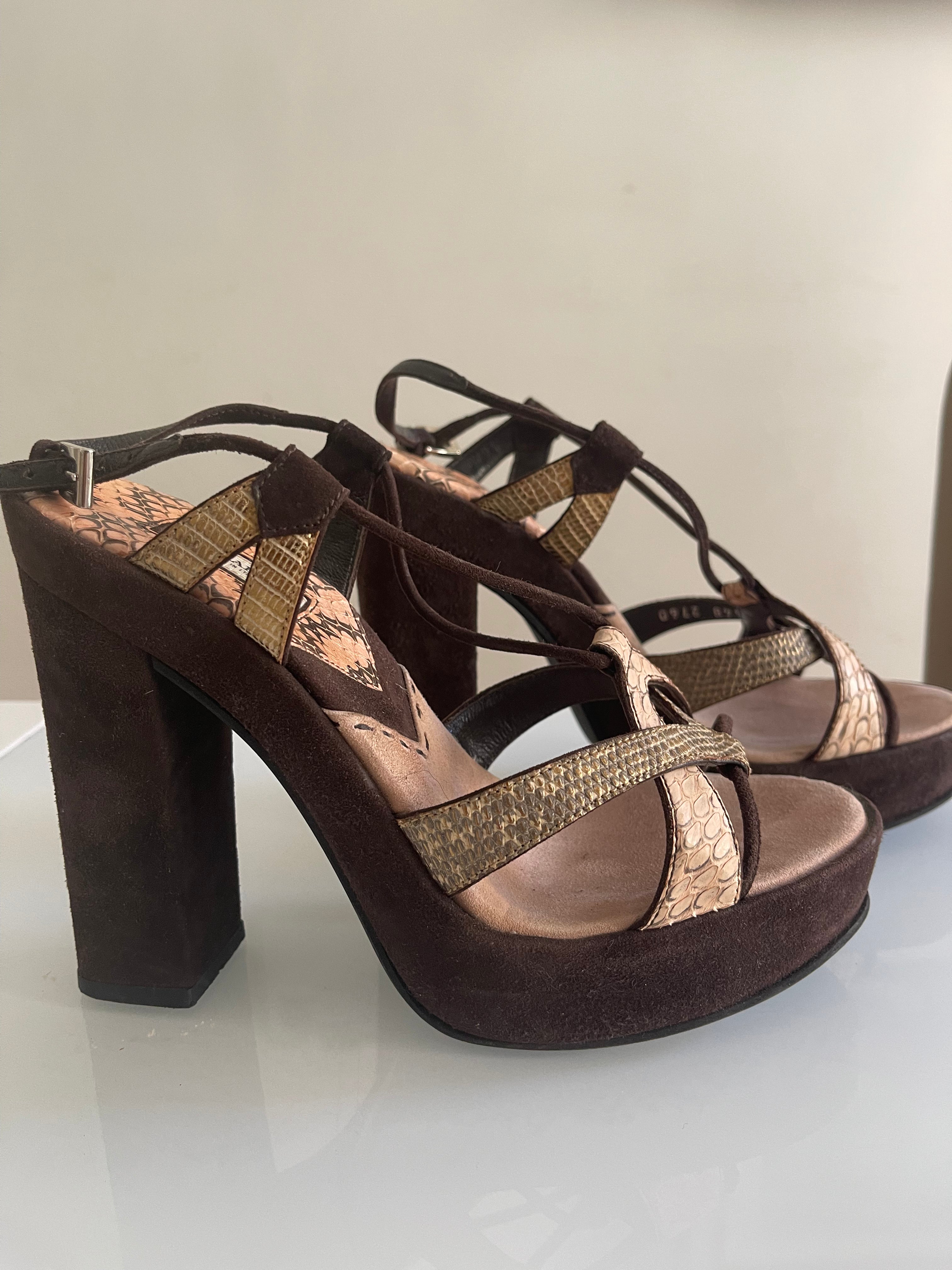 Vintage Prada Python-Print Platform Heels in Chocolate Suede
