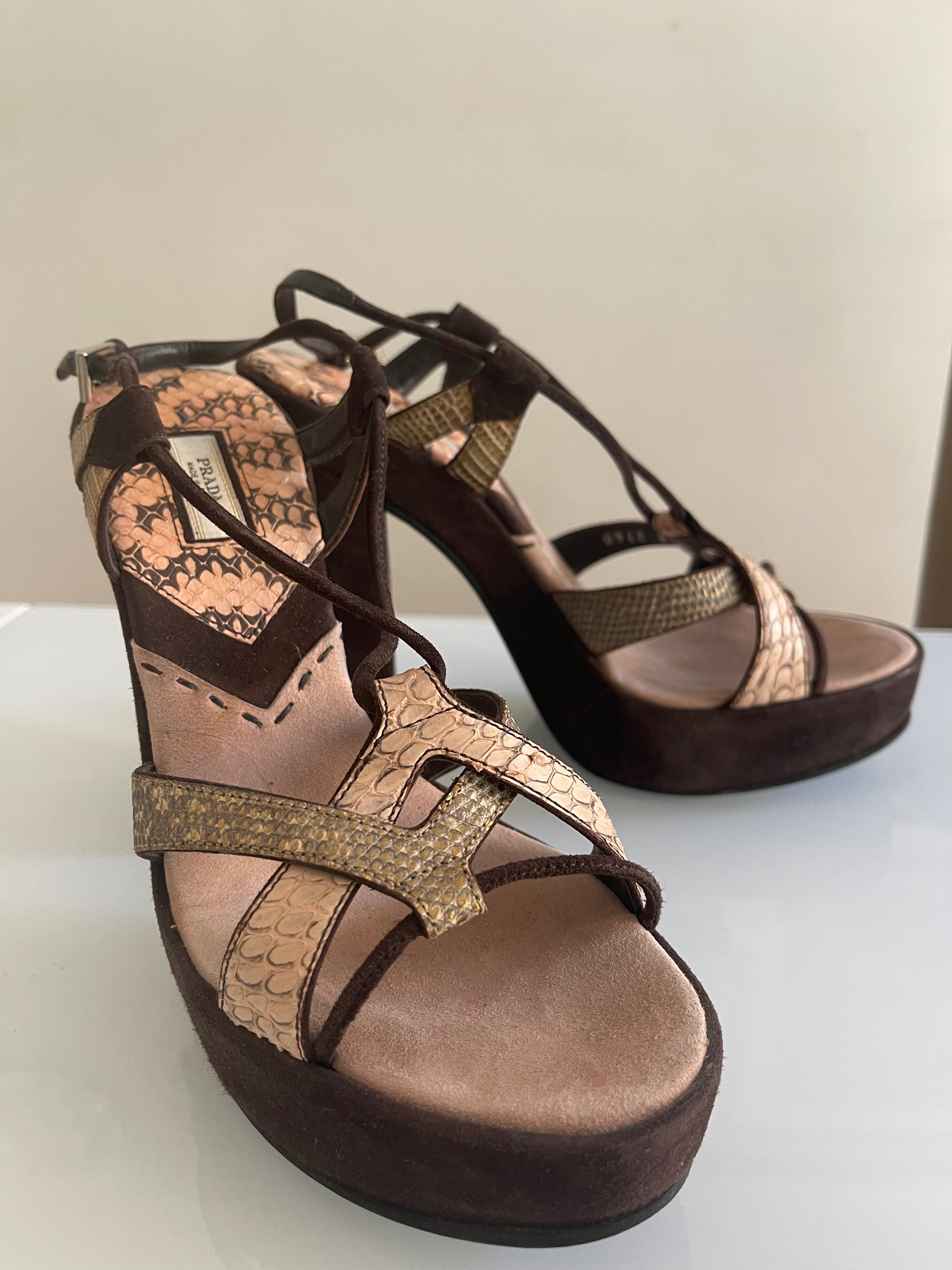 Vintage Prada Python-Print Platform Heels in Chocolate Suede