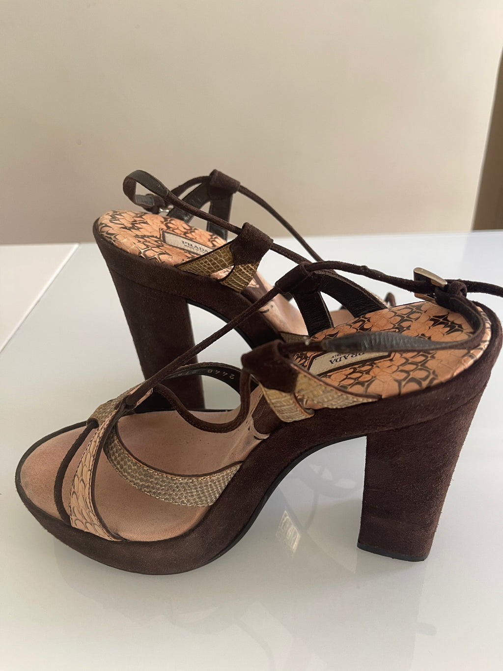 Vintage Prada Python-Print Platform Heels in Chocolate Suede