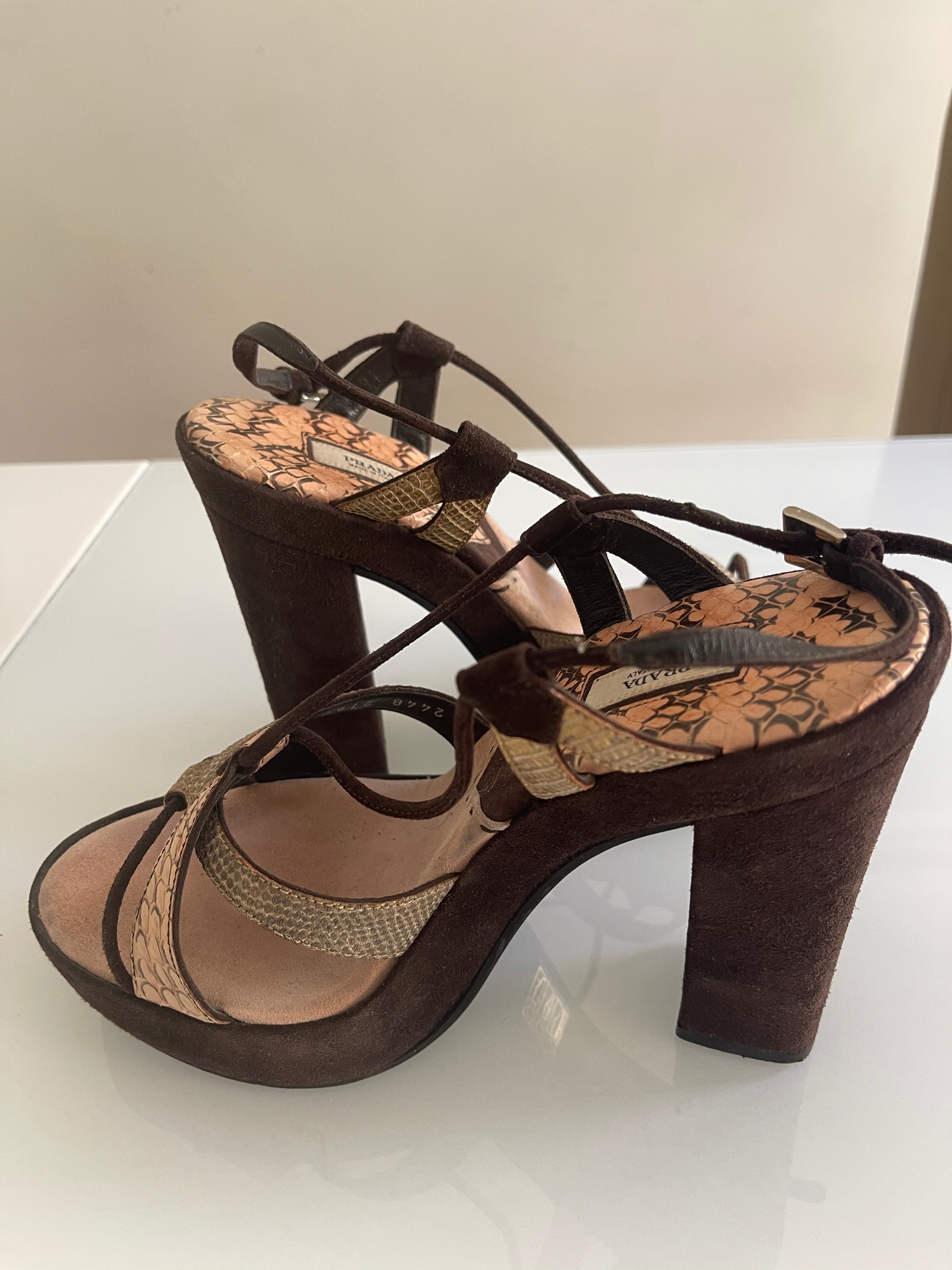 Vintage Prada Python-Print Platform Heels in Chocolate Suede
