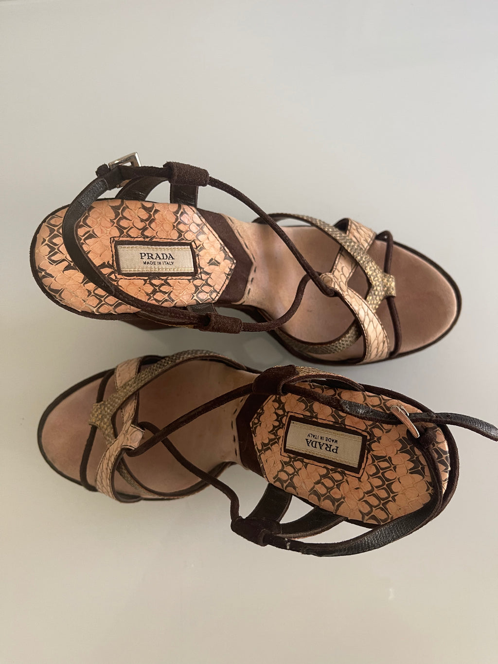 Vintage Prada Python-Print Platform Heels in Chocolate Suede