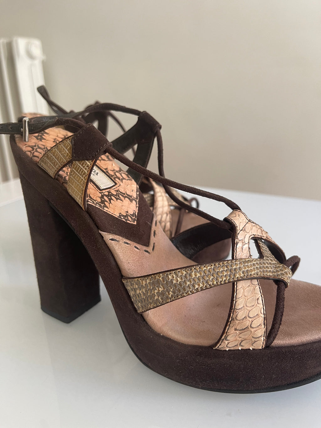 Vintage Prada Python-Print Platform Heels in Chocolate Suede