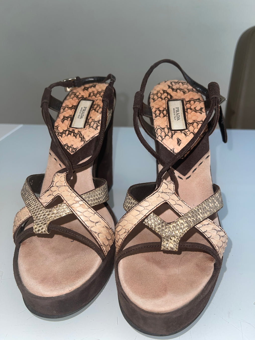 Vintage Prada Python-Print Platform Heels in Chocolate Suede