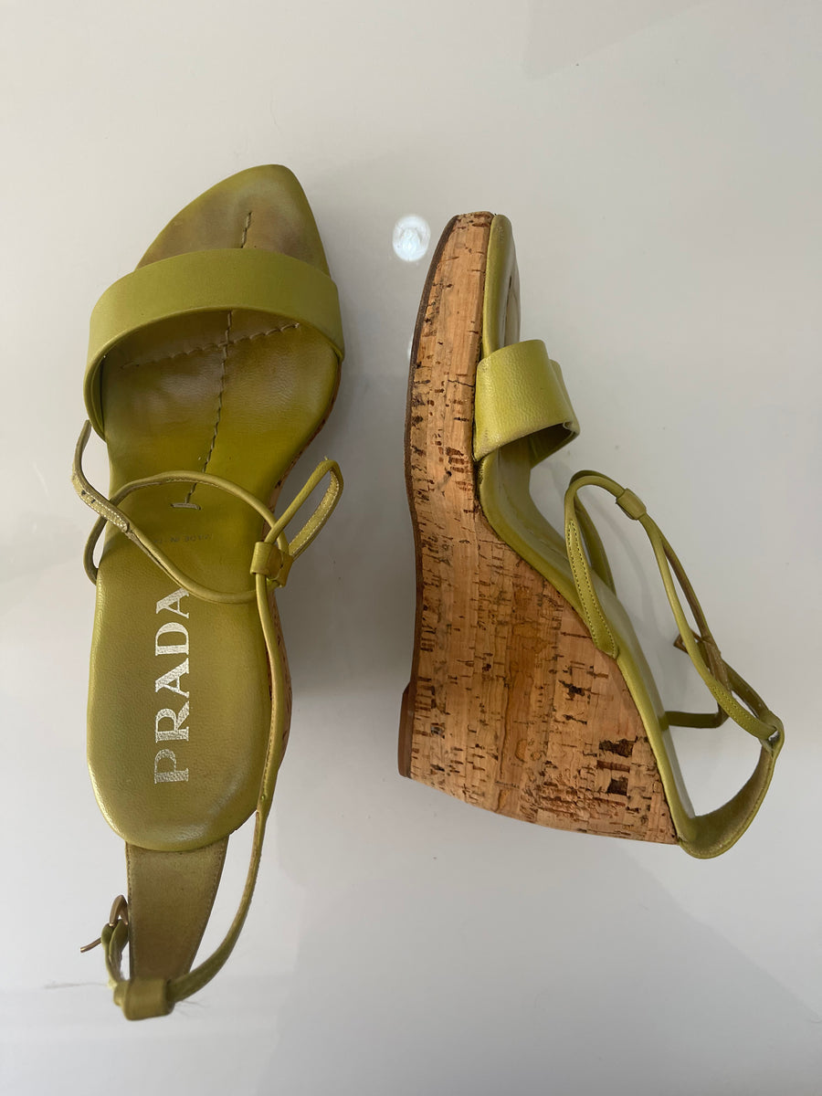 Prada Lime Green Cork Wedge Heels
