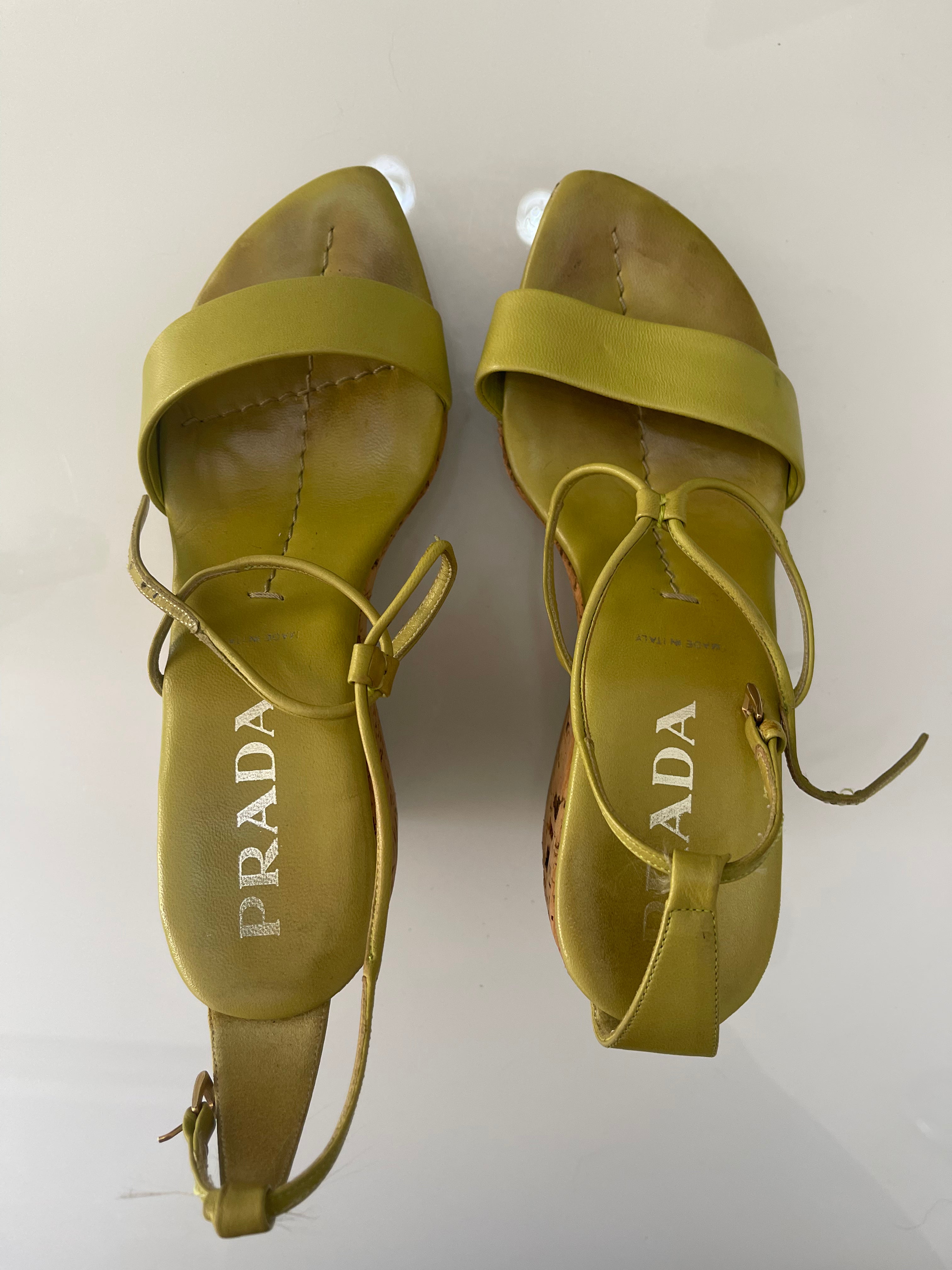 Prada Lime Green Cork Wedge Heels