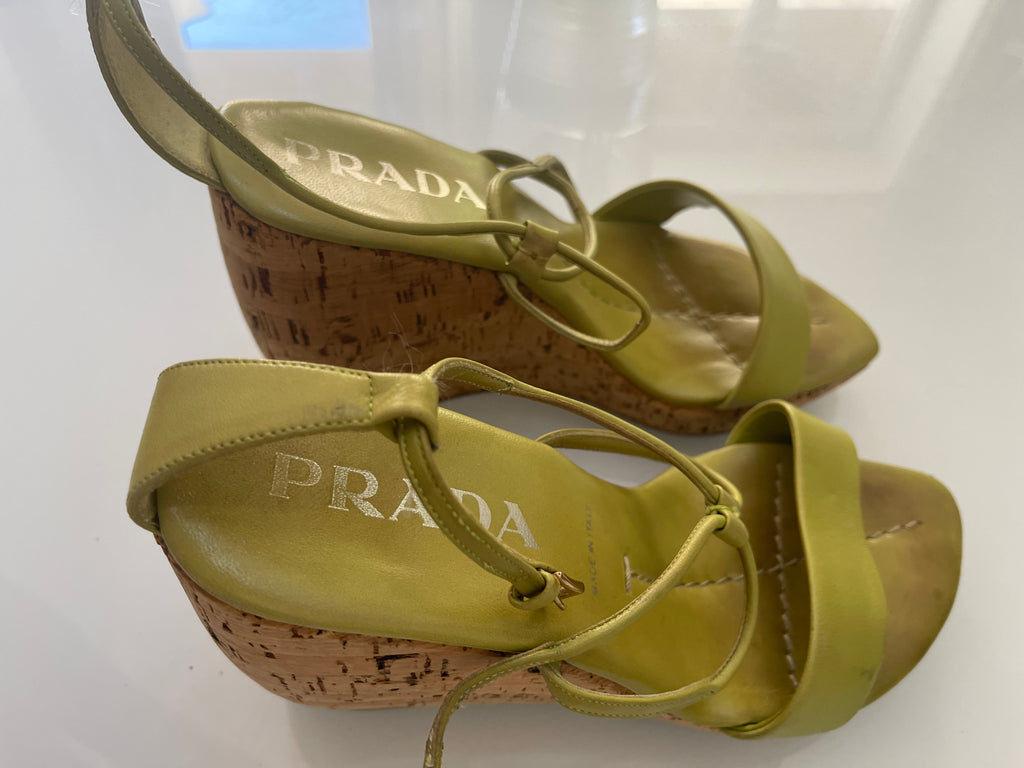 Prada Lime Green Cork Wedge Heels