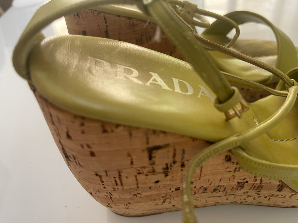 Prada Lime Green Cork Wedge Heels
