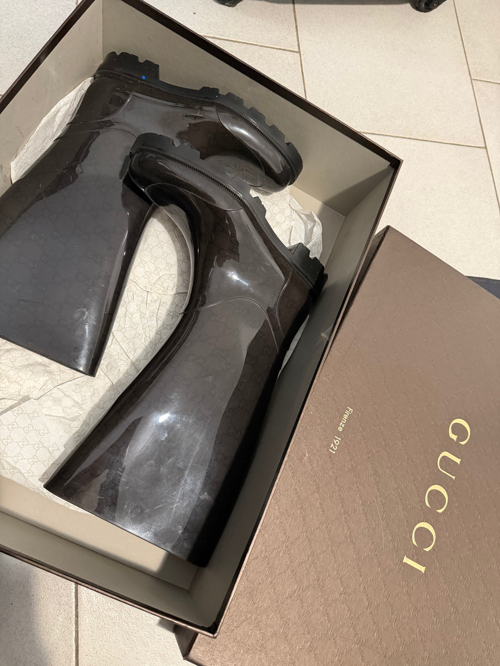 Gucci Monogram Rubber Rain Boots with Box