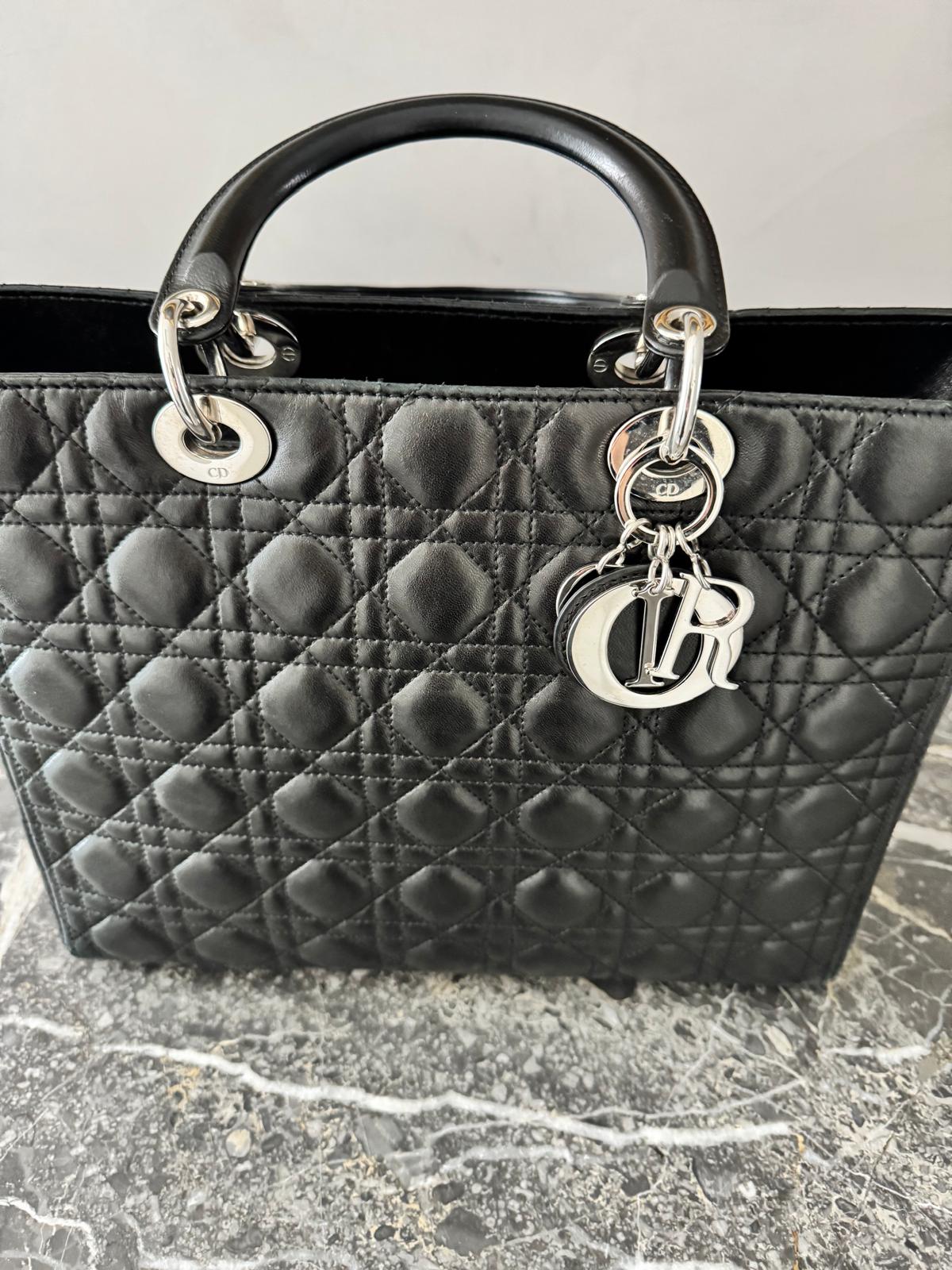 Christian Dior Lady Dior Medium Cannage Black Calfskin Tote Bag – Silver Hardware